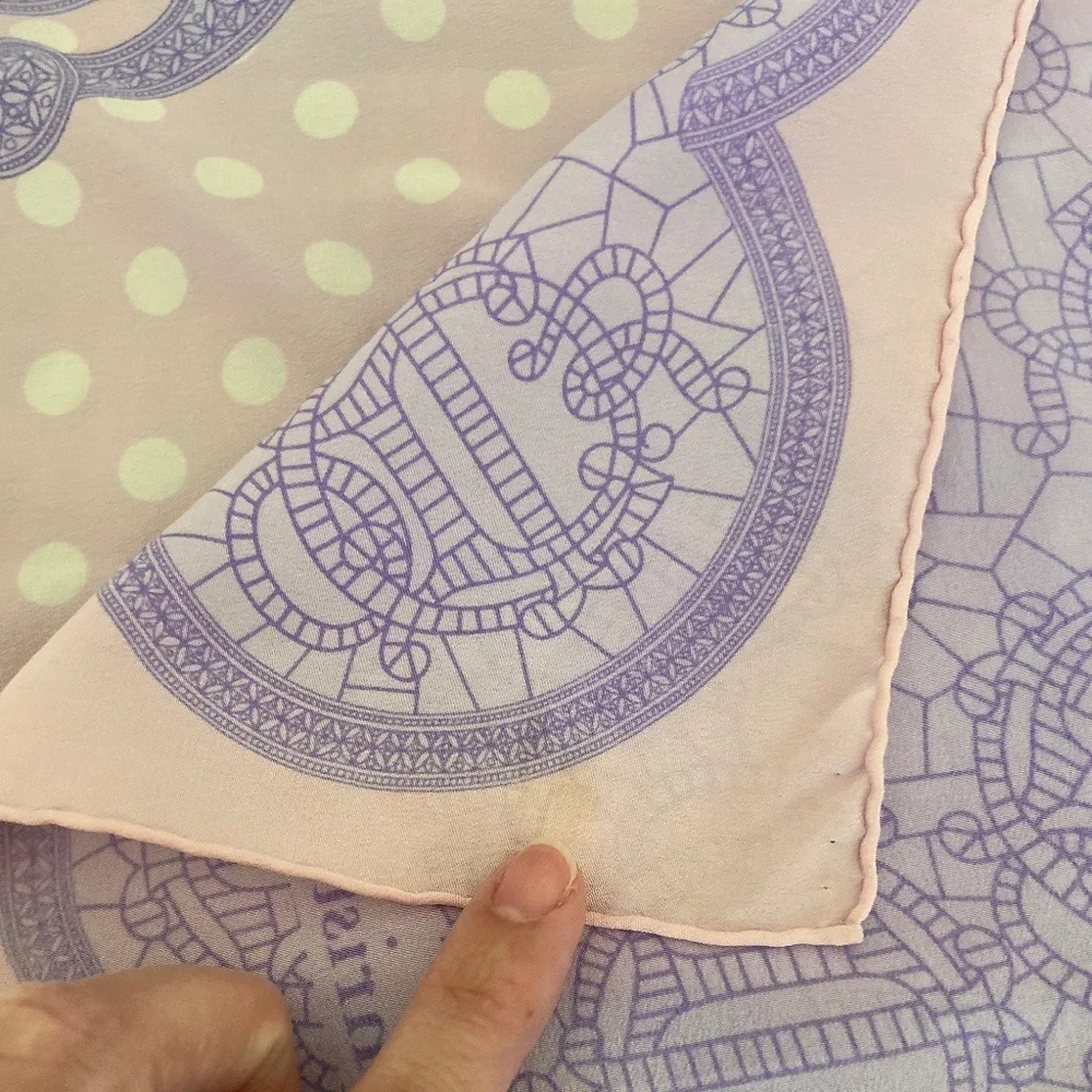 Auth. Christian Dior Pink & Lavender Silk Scarf Polka Dot & Logo Monogram Design